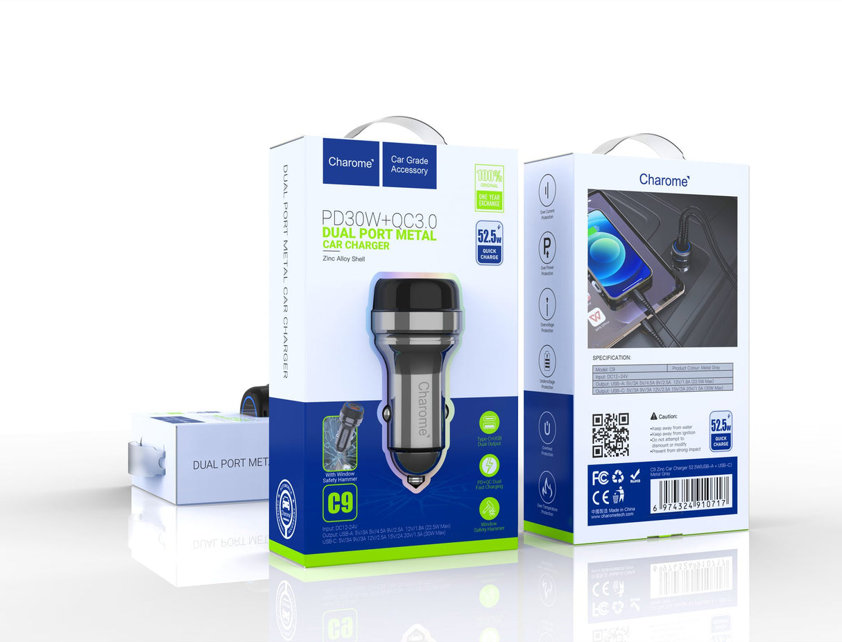 Cargador Auto 30W QC3.0 Dual Metal