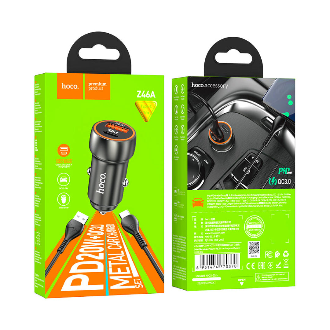 Cargador Auto 20W QC3.0 Cable Type C Metal