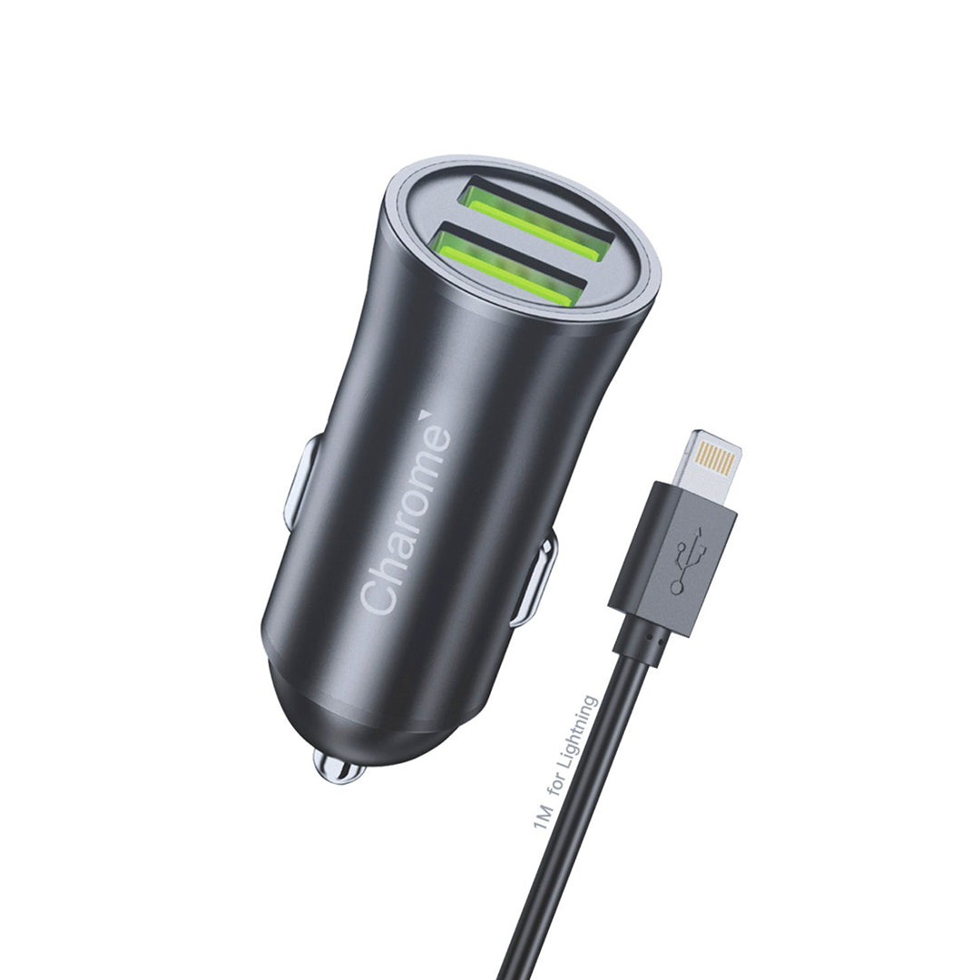 Cargador Auto 2.4a Dual USB-A Cable Lightning Metal